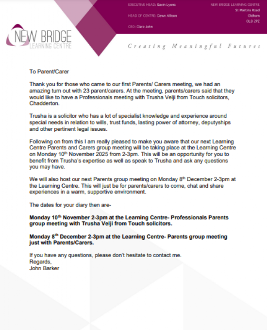 New Bridge Learning Centre Letter - Parents Group Meetings