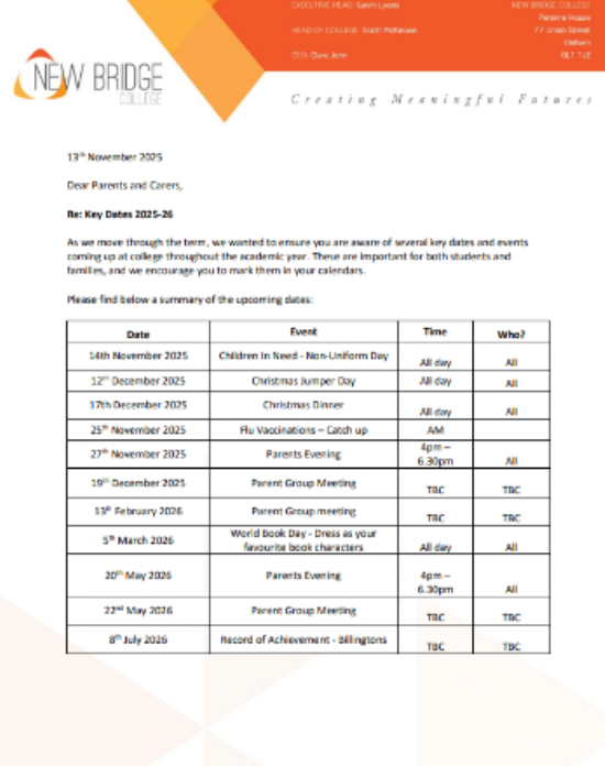 New Bridge College Key Dates - 2025/2026