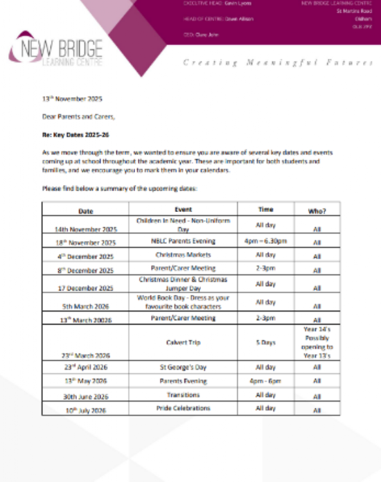 New Bridge Learning Centre Key Dates - 2025/2026