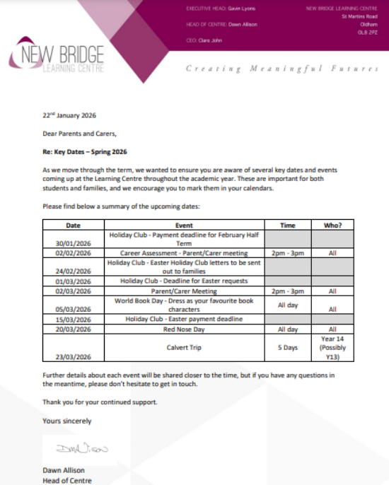 New Bridge Learning Centre Key Dates - Spring 2026